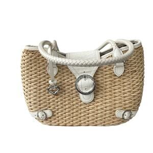 Vtg Brighton Shoulder Bag Basket Weave Croc Embossed Leather Trim Magnetic Close